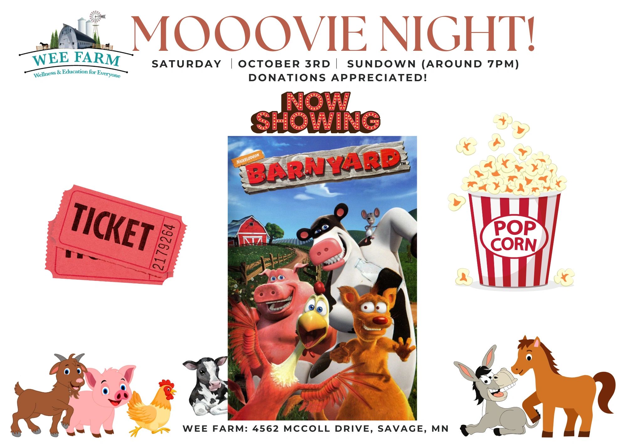 Farm-themed movie night showing Barnyard at Wee Farm with popcorn and tickets.