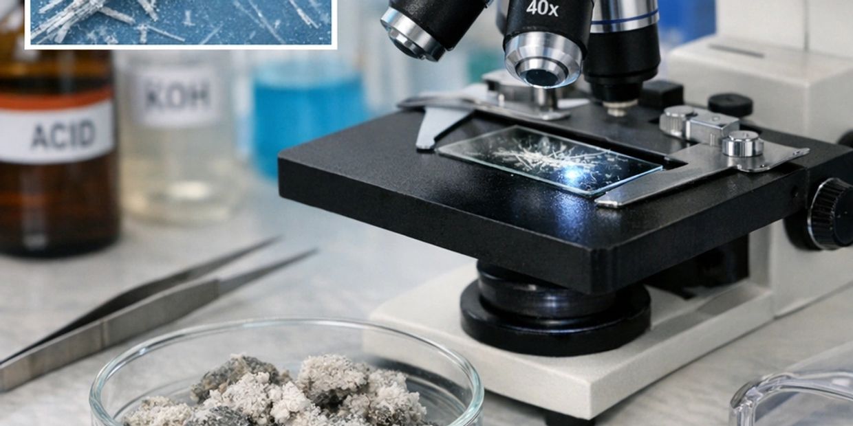 Microscope analyzing a mineral sample with acid and KOH bottles nearby.