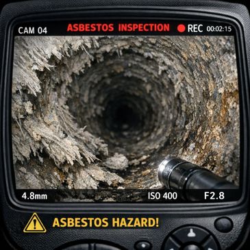 Camera screen showing asbestos inspection inside a duct with hazard warning.