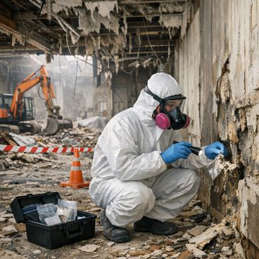 Forensic investigator collecting evidence in a damaged building.