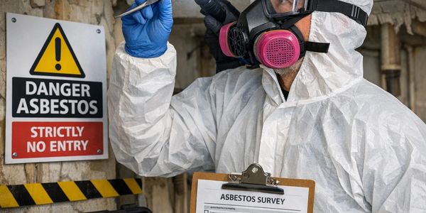 Person in protective gear conducting an asbestos survey in a hazardous area.