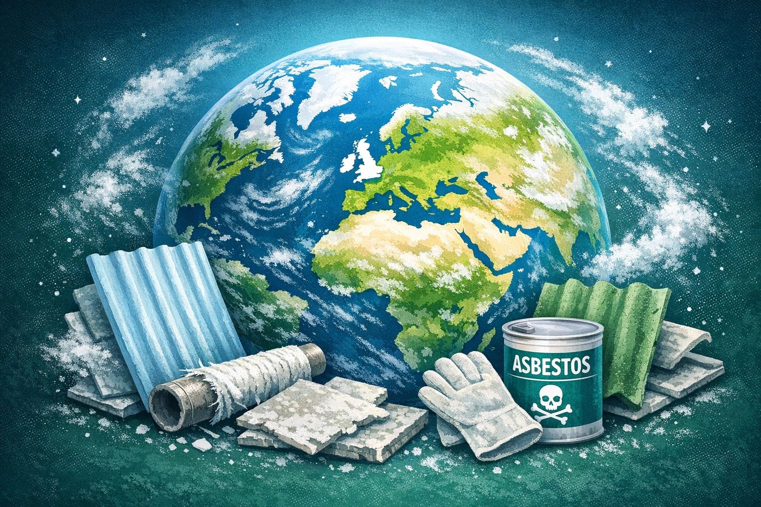 Illustration of Earth surrounded by asbestos materials and a warning container.