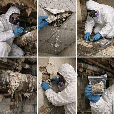 Person in protective gear collecting samples from deteriorated building materials.