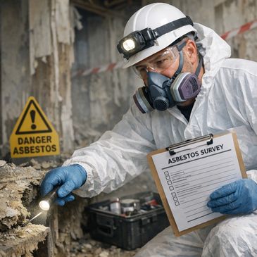 Worker in protective gear inspecting asbestos with a survey clipboard.