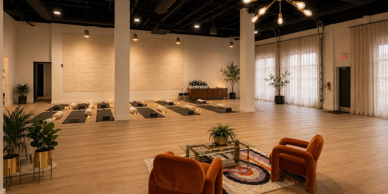 Spacious yoga studio with mats, cushions, and cozy seating area.