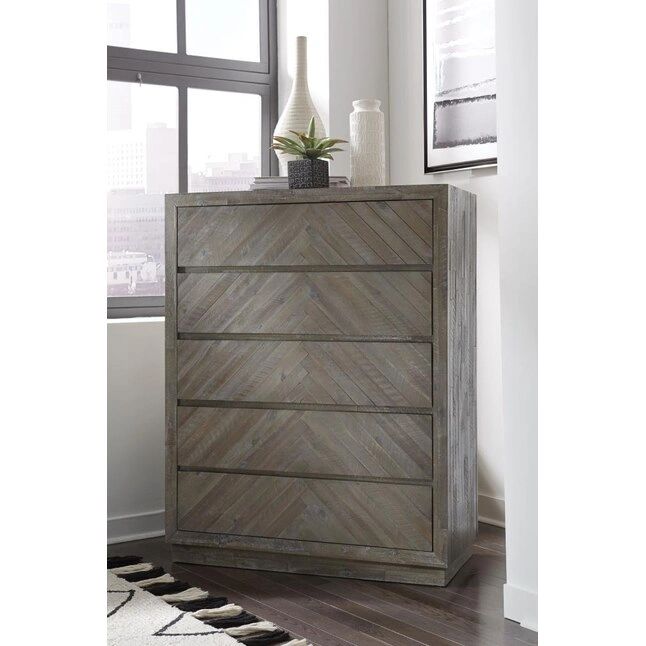 Herringbone Solid Wood Five Drawer High Chest