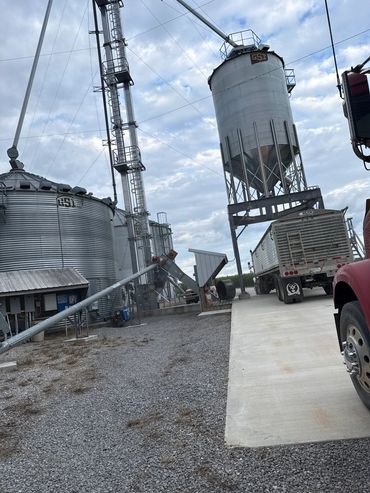 Industrial silos with a truck under one silo.