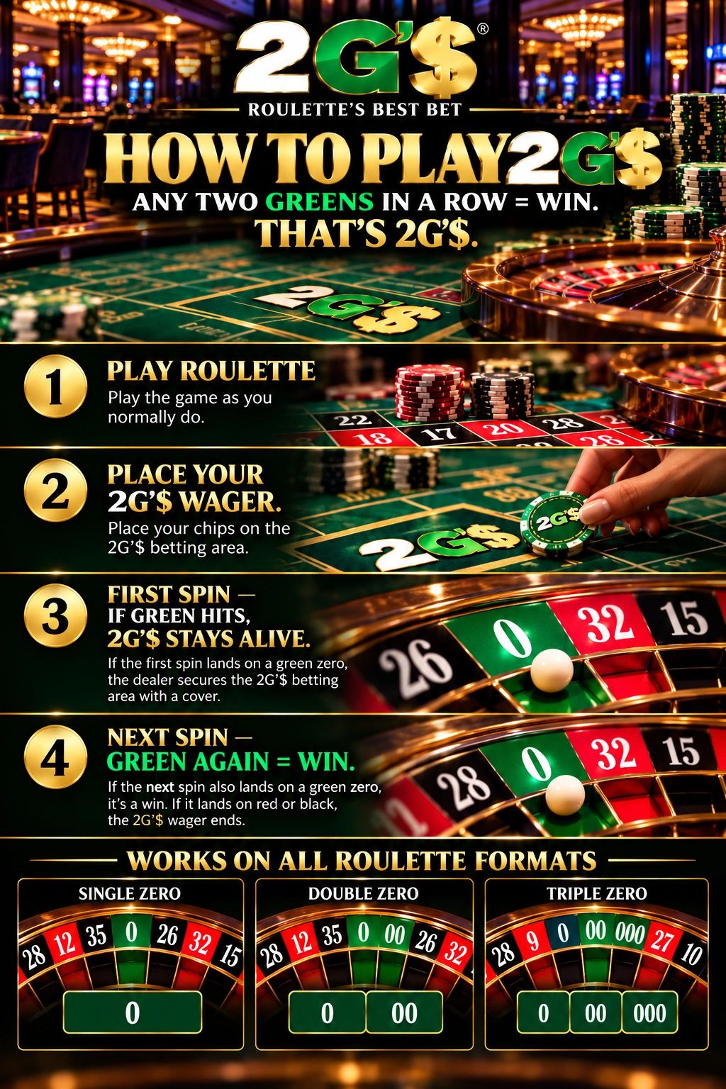 Instructions on how to play 2G$ roulette game focusing on green zeros.