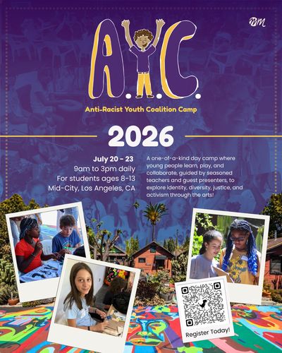 Flyer for Anti-Racist Youth Coalition Camp 2026 in Los Angeles for ages 8-13.