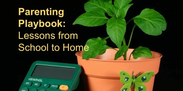 A plant in a pot, a calculator, and a butterfly with the title 'Parenting Playbook: Lessons from School to Home.'