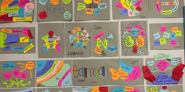 Colorful student projects with names and traits on a bulletin board.