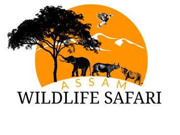 Silhouettes of Assam's wildlife against an orange sunset background.