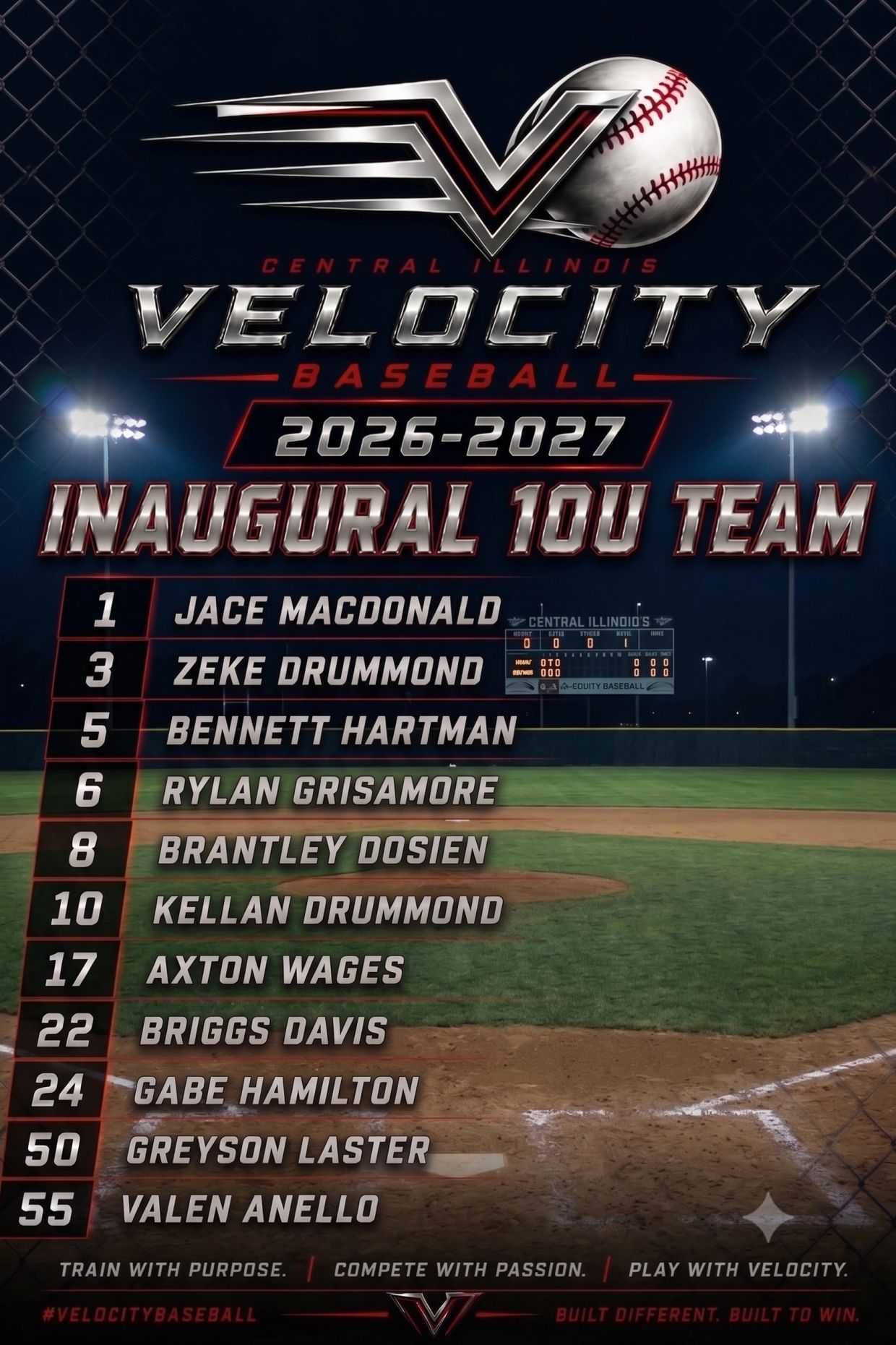 Central Illinois Velocity Baseball 2026-2027 Inaugural 10U team roster.