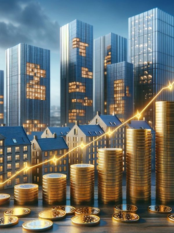 Stacked gold coins in front of city buildings with a rising financial graph.