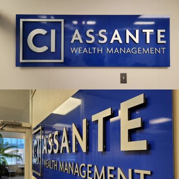 CI Assante Wealth Management blue and silver office sign.