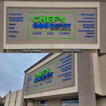Sign for Chef's Depot Wholesale listing various grocery and kitchen items.