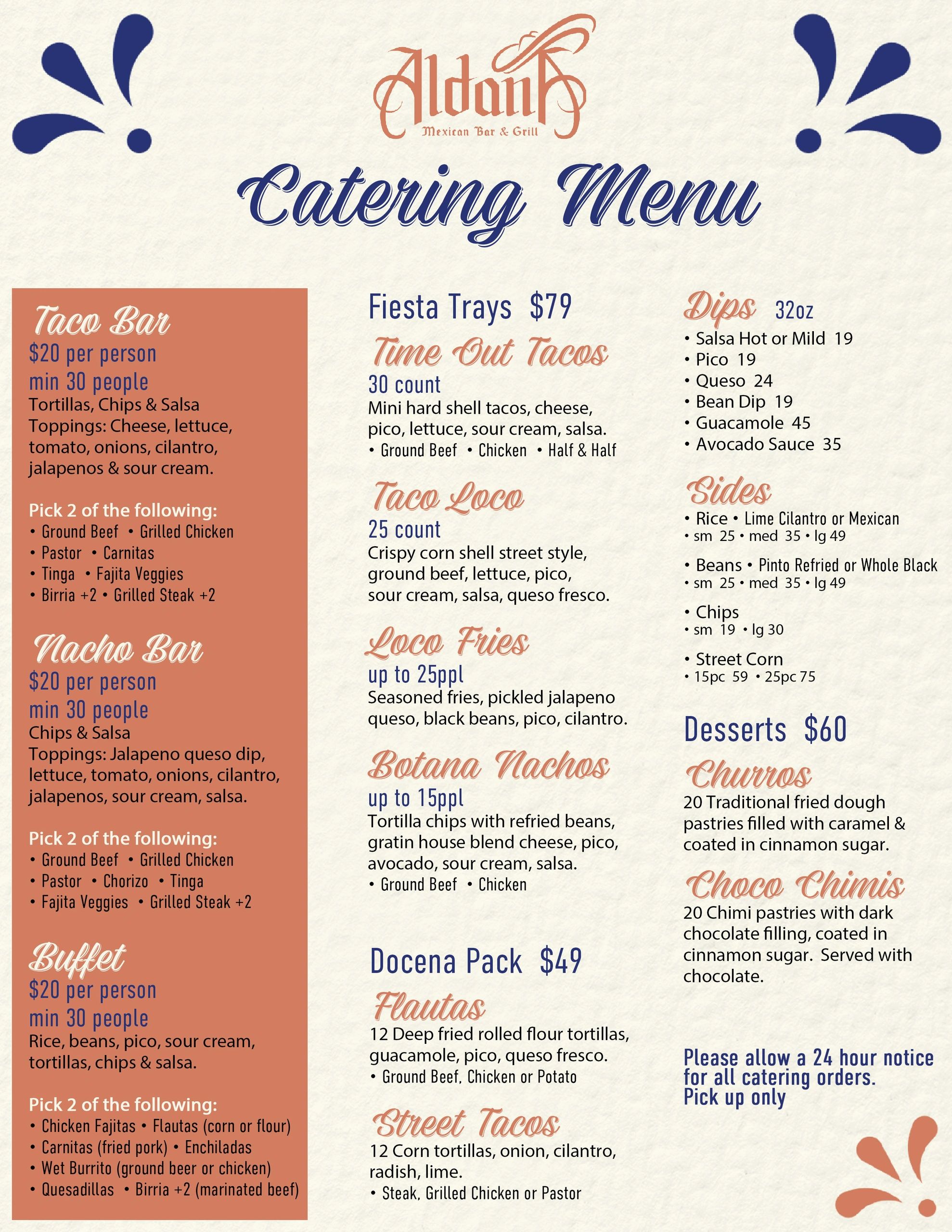 Aldan Mexican Bar &amp; Grill catering menu with various taco bars, sides, and desserts.