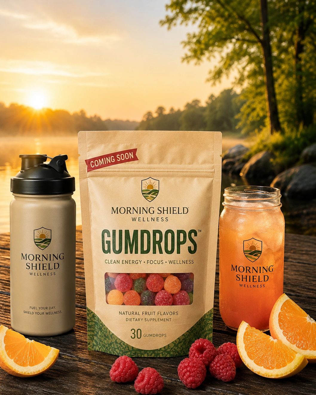 Morning Shield Gumdrops with wellness drink, shaker bottle, oranges and raspberries.
