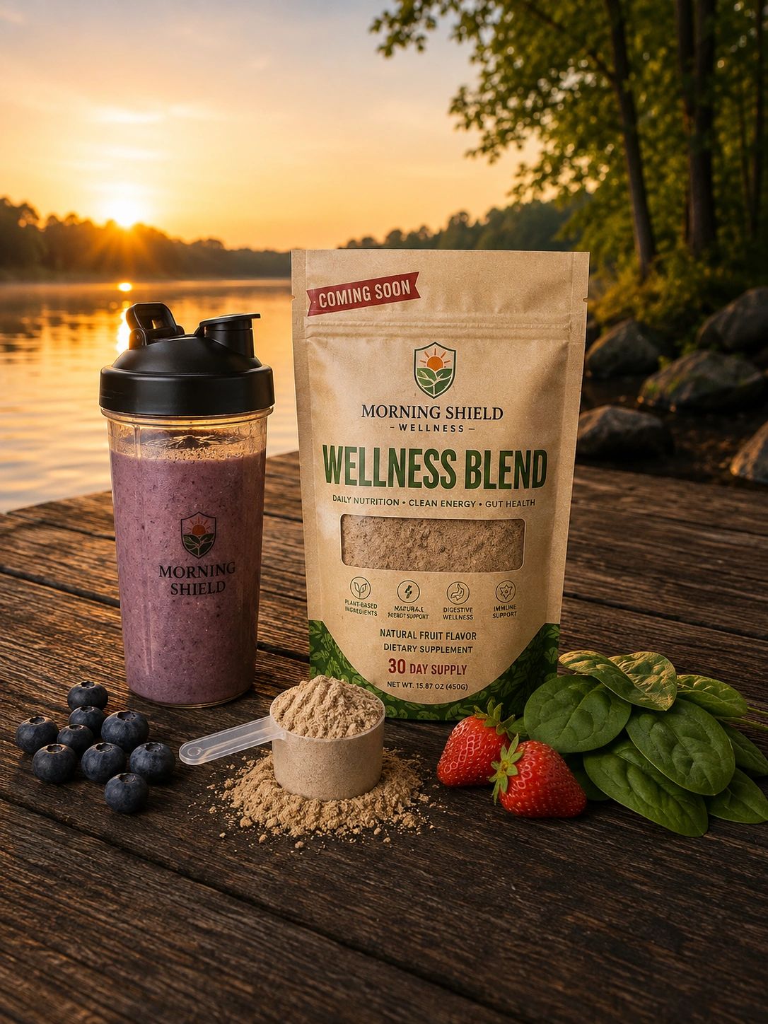 Morning Shield Wellness Blend with berry smoothie, fresh berries and serving scoop.