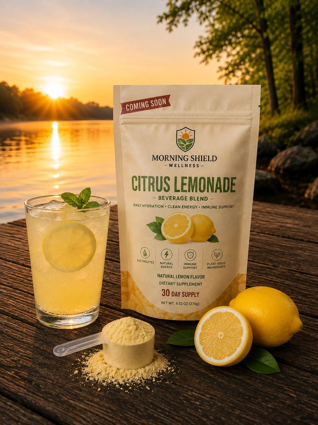 Morning Shield Citrus Lemonade Blend with lemonade, fresh lemons and serving scoop.