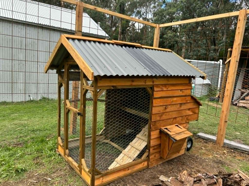 A wooden chicken coop with a wire mesh enclosure and a sloped metal roof outside.