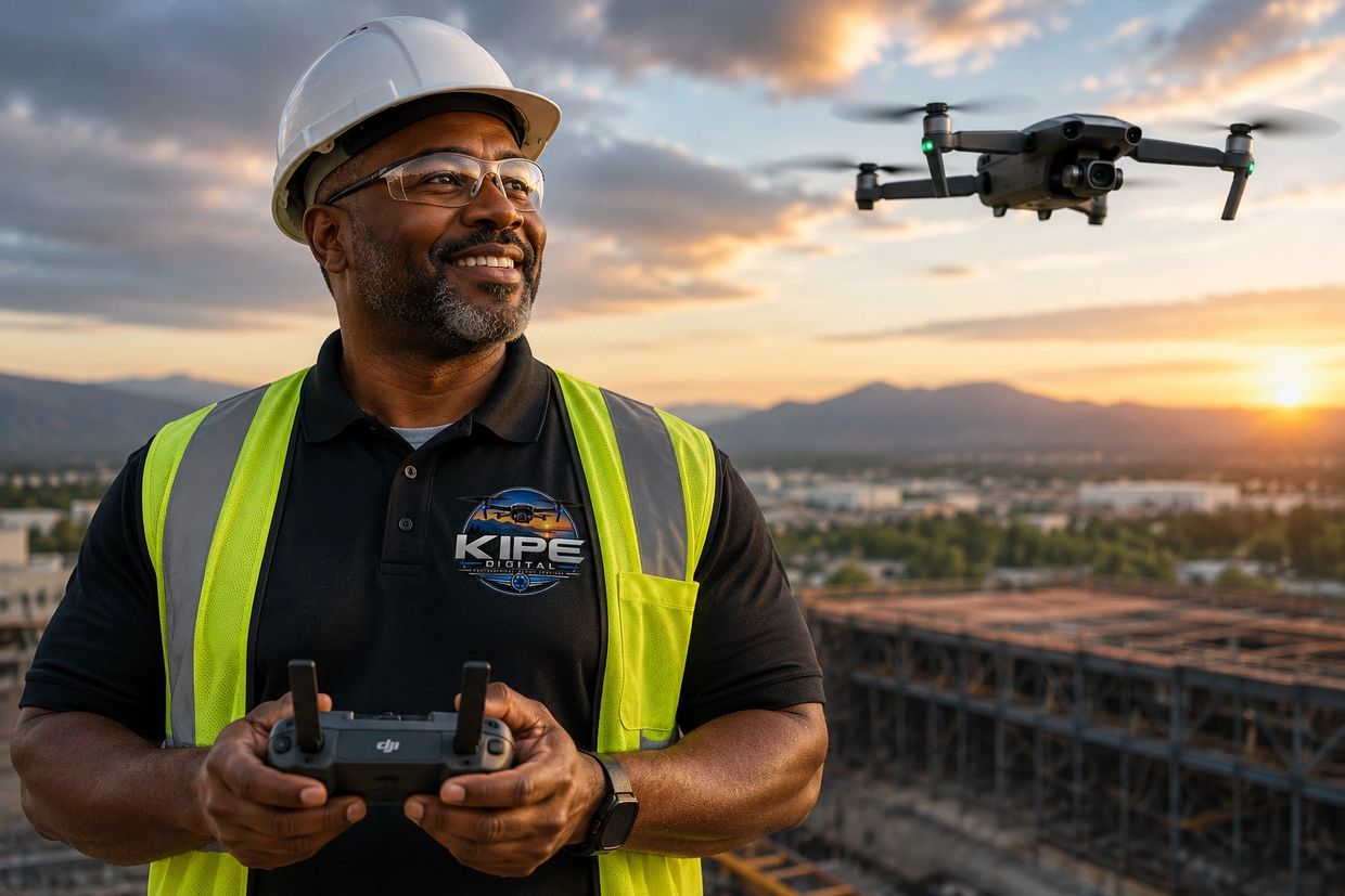 Kipe Digital employee operating a drone at sunset wearing safety gear in Newbury Park California 