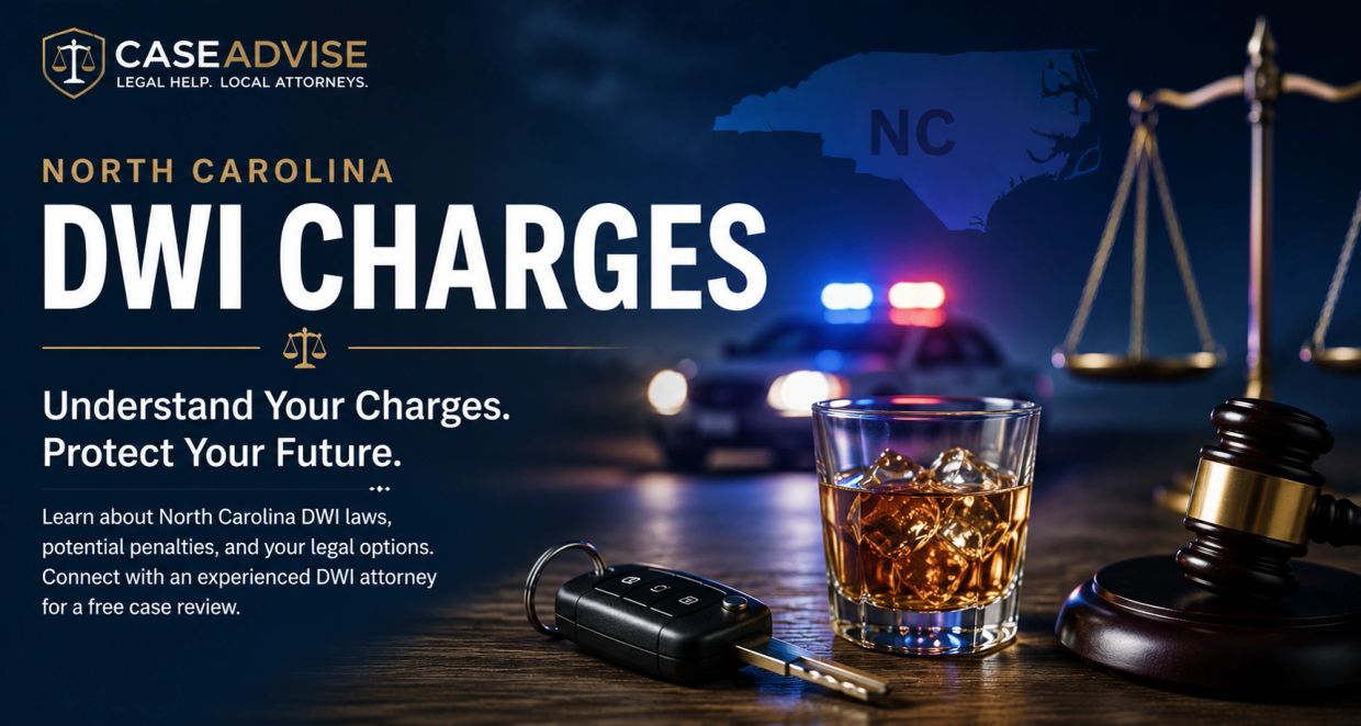 Advertisement for North Carolina DWI legal help with imagery of keys, a drink, and legal symbols.