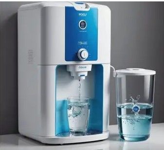 A water purifier dispensing clean water into a glass with an attached water container.