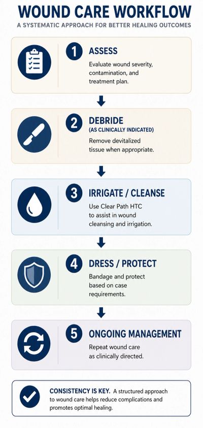 Infographic outlining a five-step wound care workflow for effective healing.