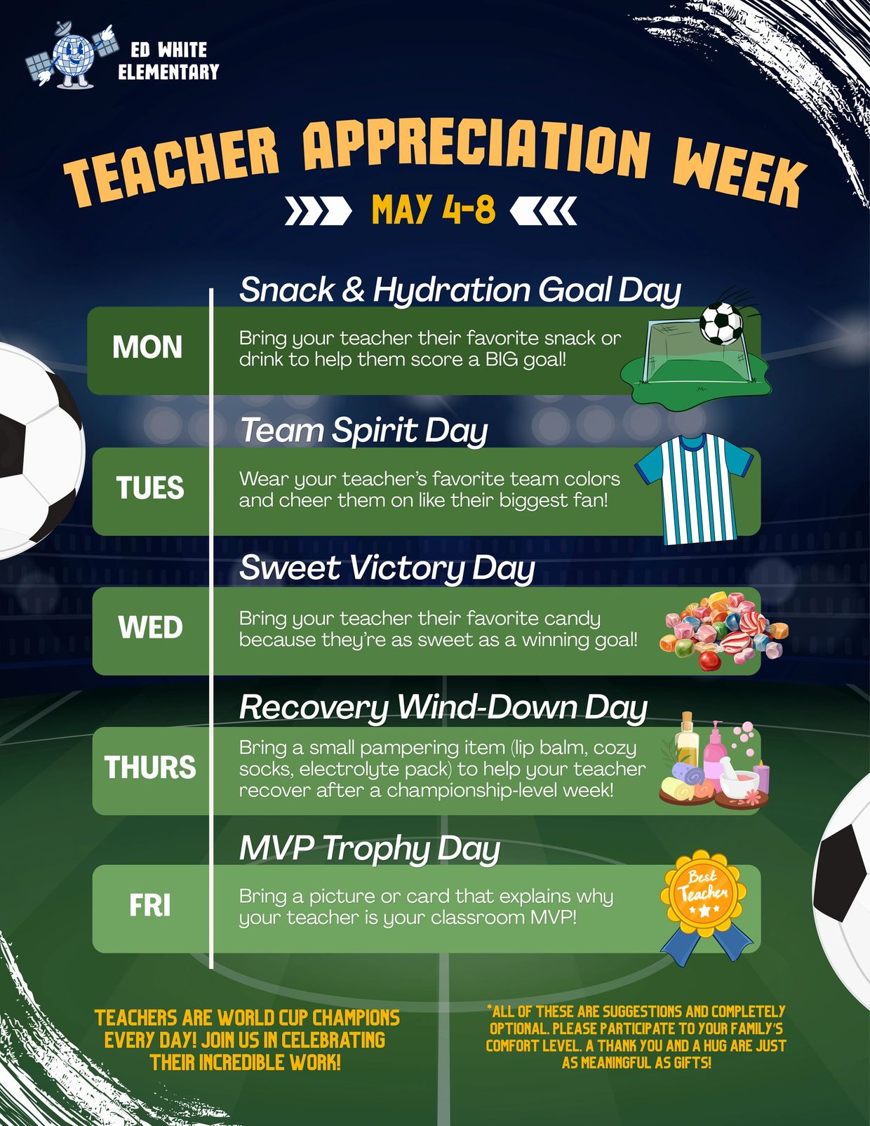 Teacher Appreciation Week activities from May 4-8 at Ed White Elementary.