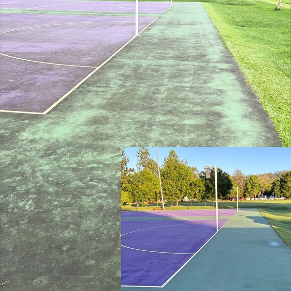 Netball court at the Gap. Removed mould, algae and sap. Pressure wash and softwash.