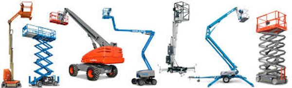 Various types of aerial work platforms and lifts displayed in a row.