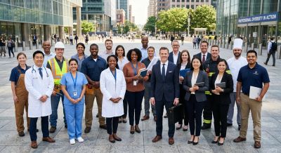 Diverse professionals from various fields standing together outdoors in an urban setting.