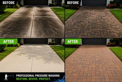 Before and after images of professional pressure washing on concrete and brick driveways.