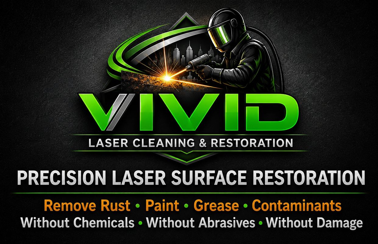 Vivid Laser Cleaning &amp; Restoration logo with a welder and service highlights.