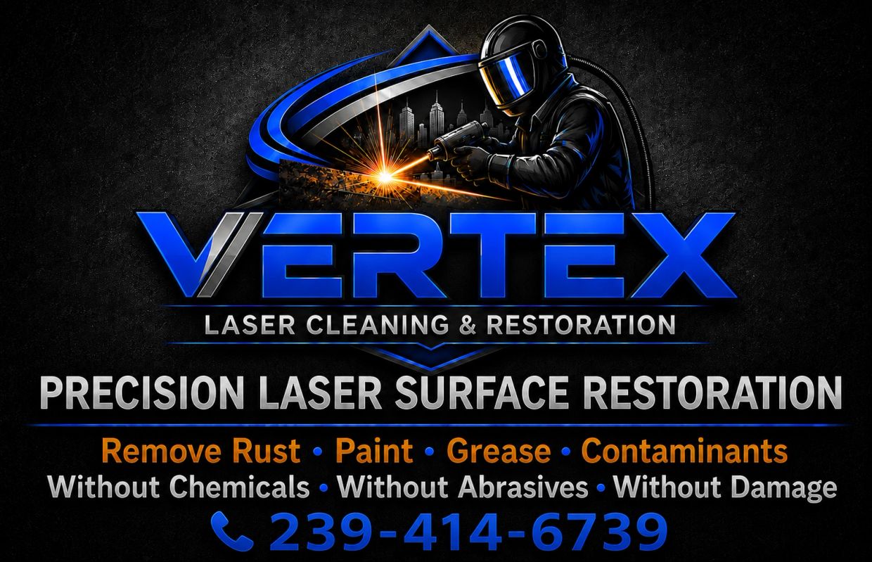 Logo and ad for Vertex laser cleaning and restoration services.