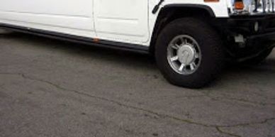 White stretch Hummer limousine parked on a sunny street with palm trees.