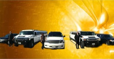 A lineup of luxury vehicles with chauffeurs and bodyguards against a golden background.