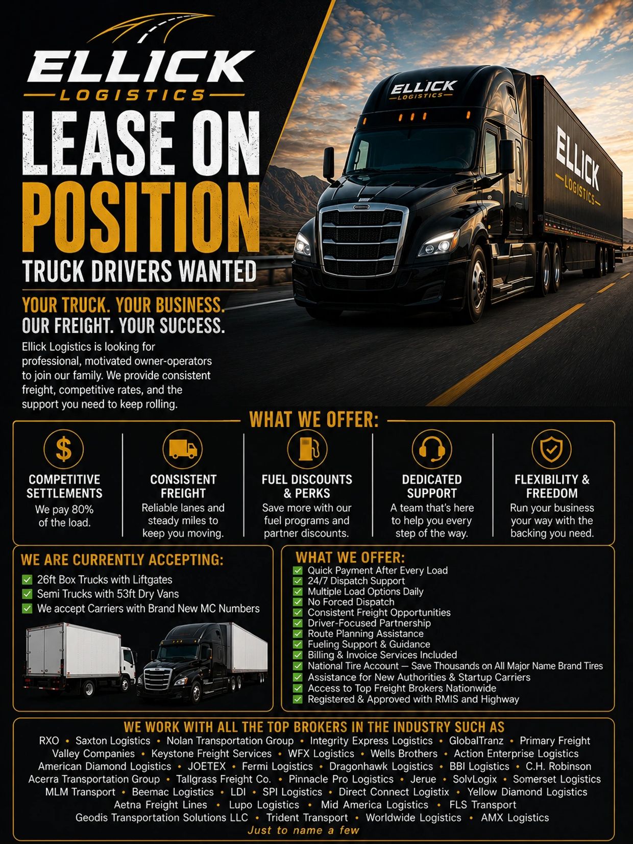 Ellick Logistics seeks truck drivers for lease-on position with competitive pay and support.