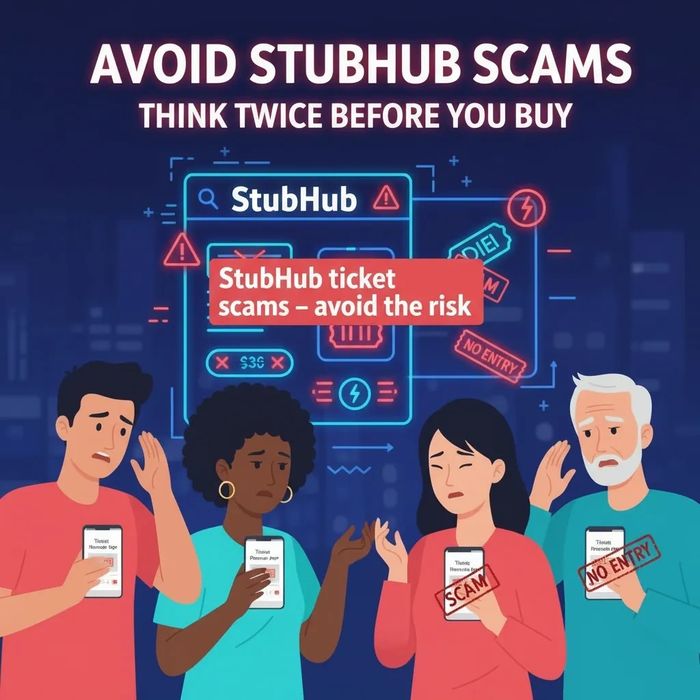 Warning about StubHub ticket scams with worried people holding phones showing fake tickets.