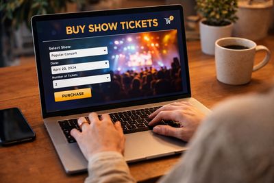 Hands typing on laptop buying concert tickets online with coffee nearby.