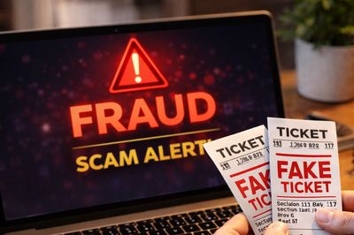 Person holding fake tickets in front of a laptop displaying a fraud scam alert.