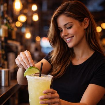 A smiling woman garnishes a cocktail with a lime wedge in a cozy bar.