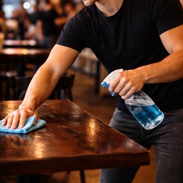 Person cleaning a wooden table with a cloth and spray bottle.