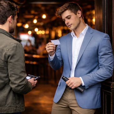 Man in blue blazer checking ID at a bar entrance.
