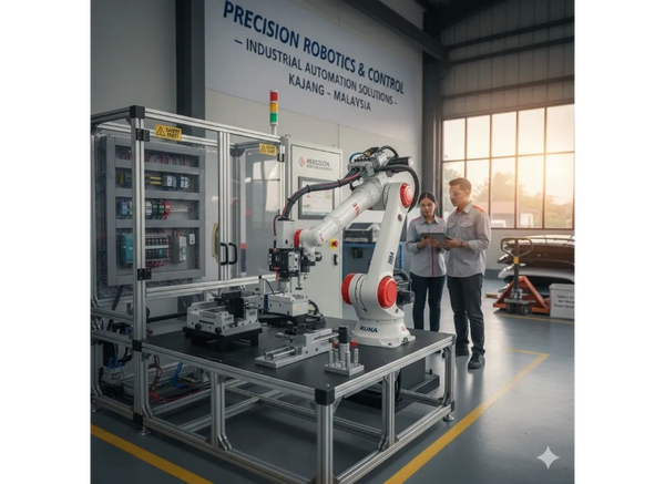 Industrial automation facility in Malaysia featuring a KUKA robotic arm, electrical control panels, and engineers performing system integration.