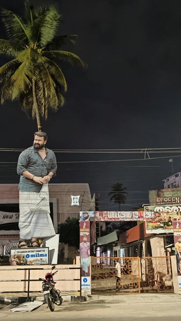 Night view of a large statue of a man in traditional attire near a palm tree and entrance gate.