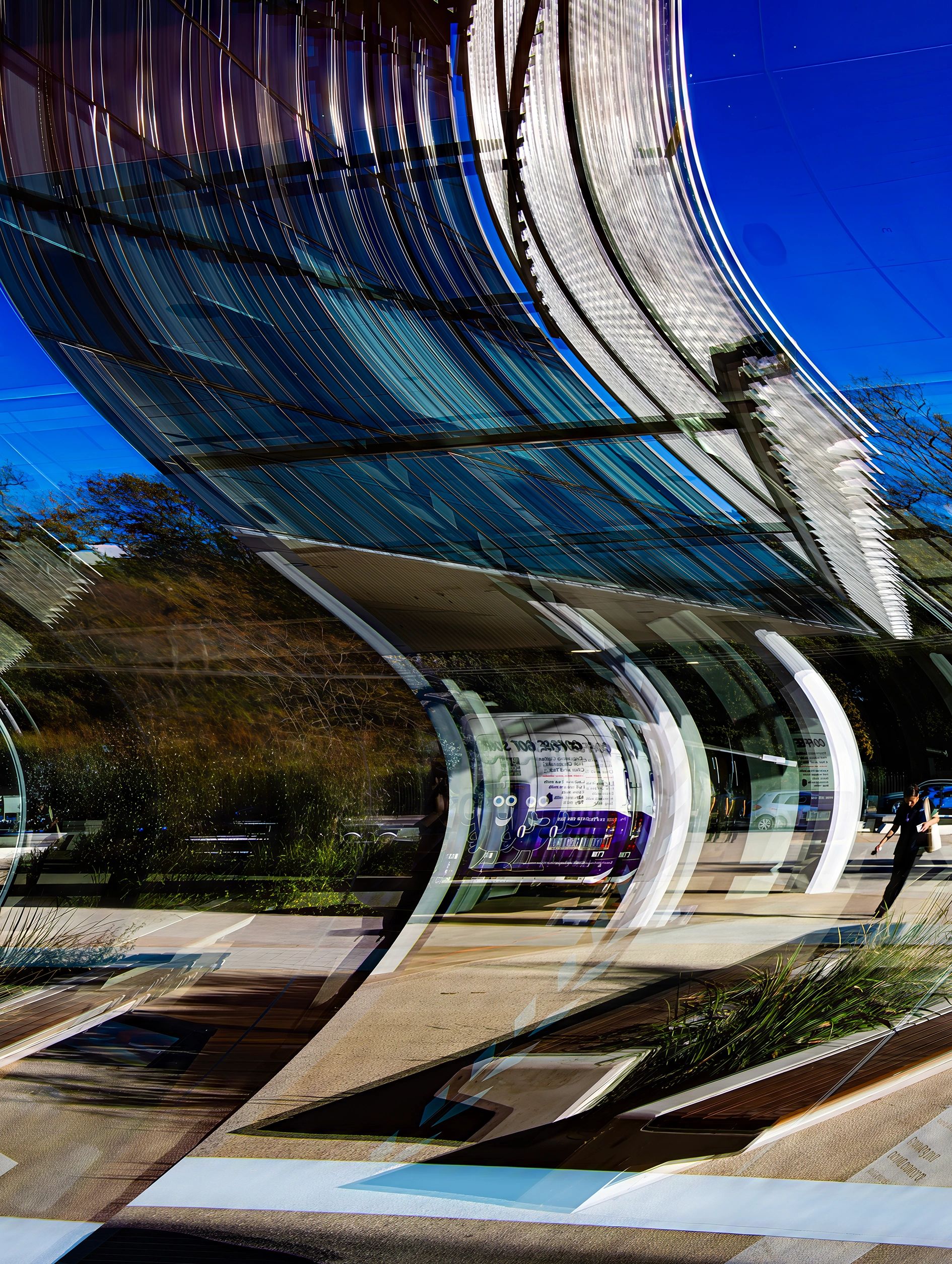 Distorted urban landscape with curved reflections and vibrant colors.