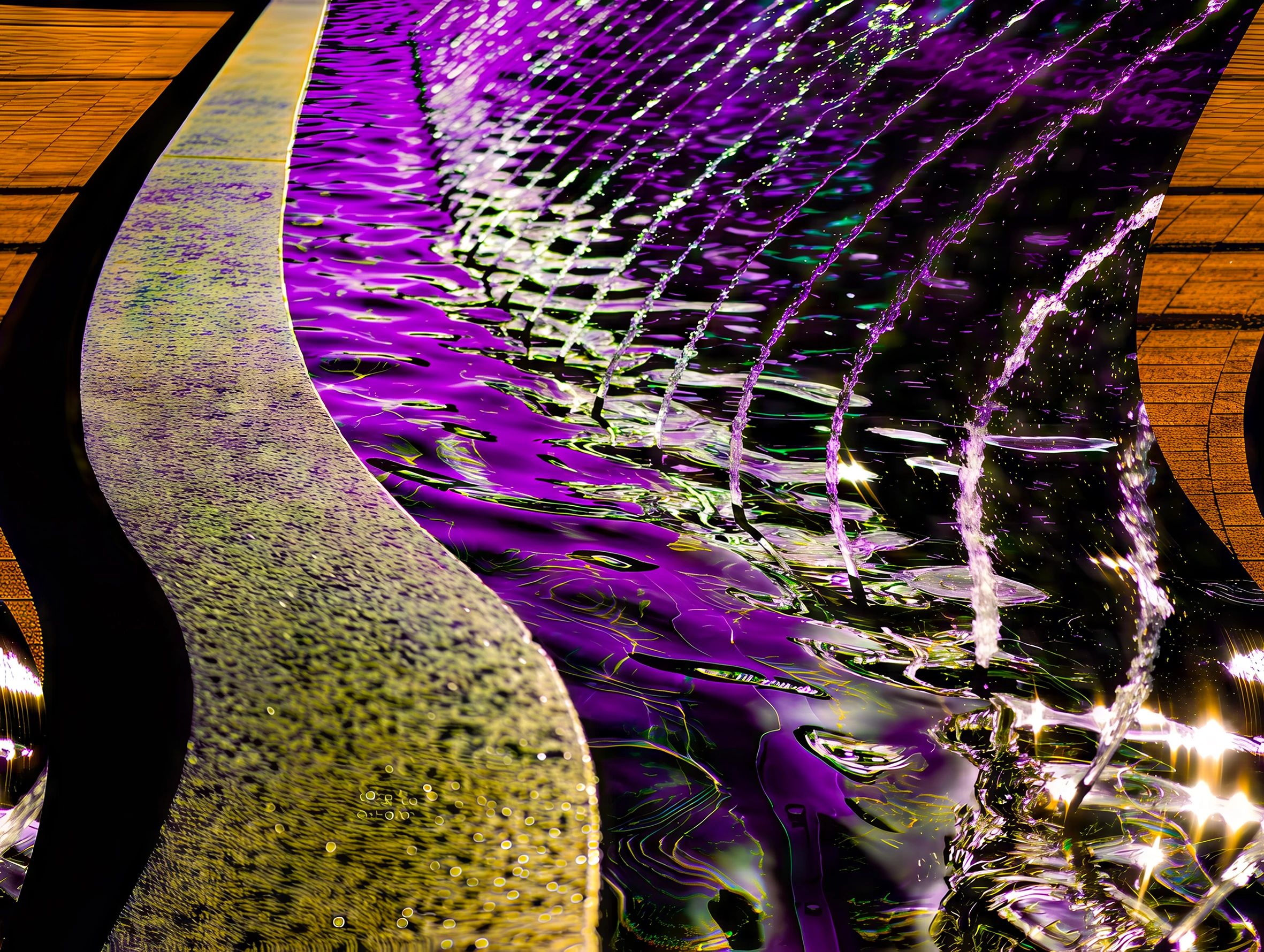 Curved fountain with vibrant purple lighting and water jets.