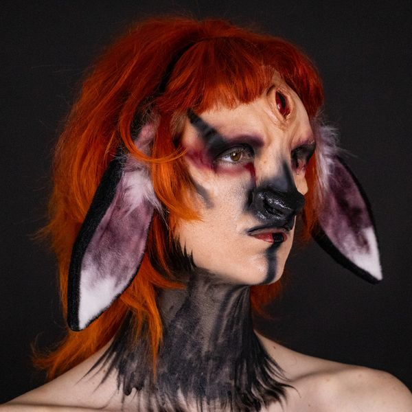 Person with orange hair and fantasy creature makeup featuring a third eye and animal ears.